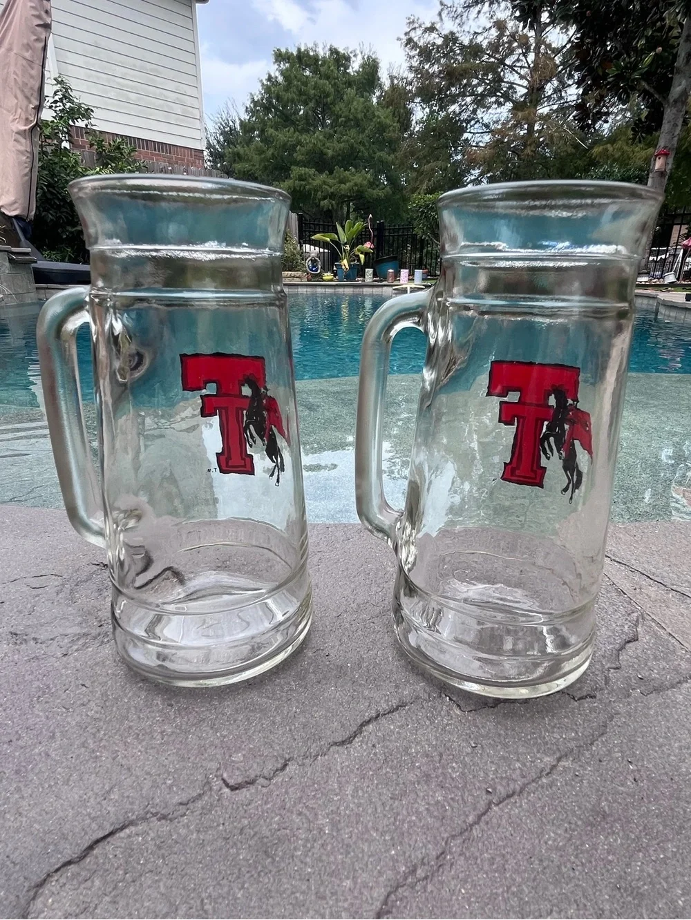 Vintage TTU Texas Tech Masked Rider Clear Beer Mugs Handles Glasses Two (2)